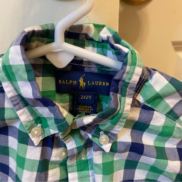 Ralph Lauren Little boys 2T button down shirt. Blue/green/ white check. - Picture 3 of 3